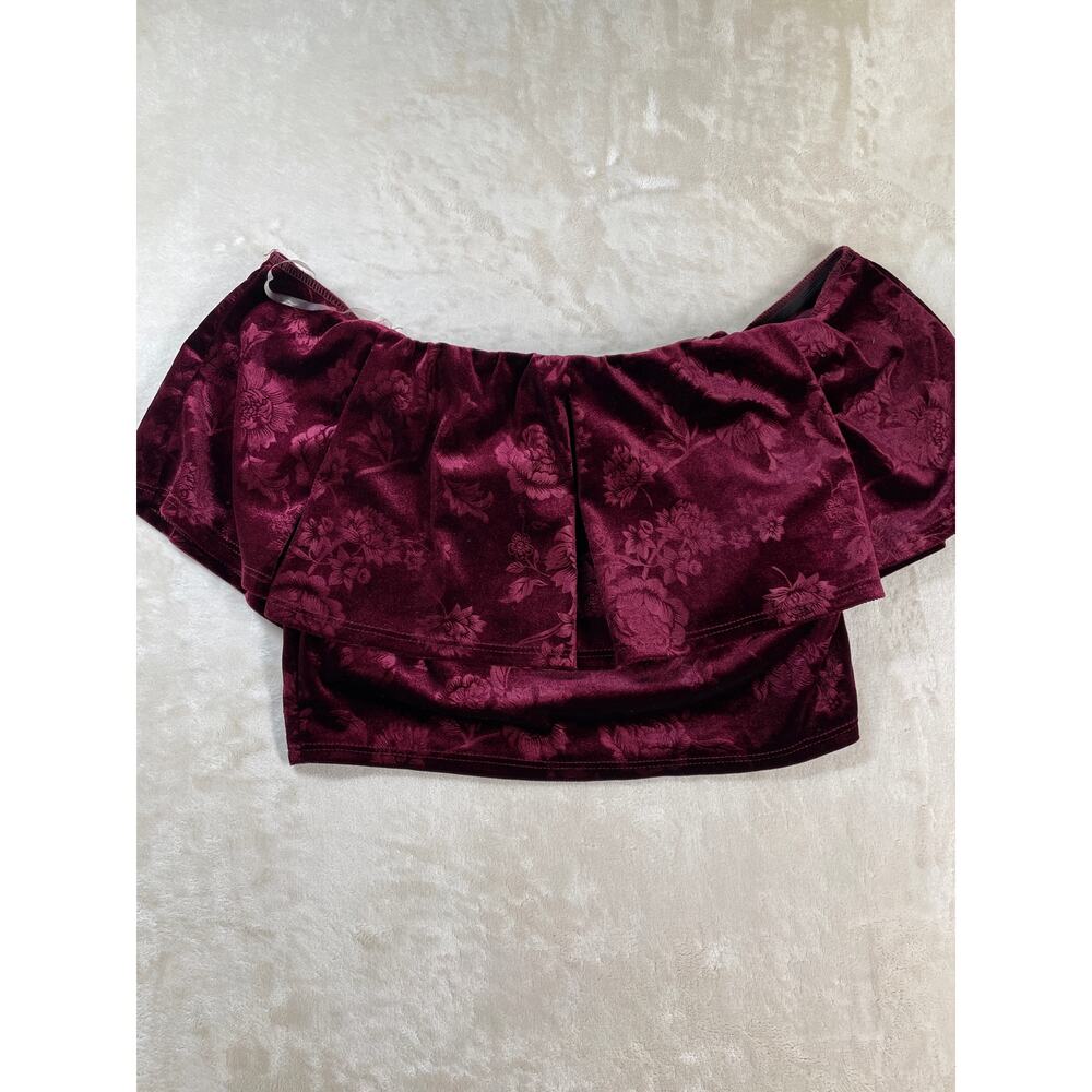 Vintage Womans Dead Stock Y2k Wine Velour Off the Shoulder Crop Top Pant Set L - Picture 4 of 16